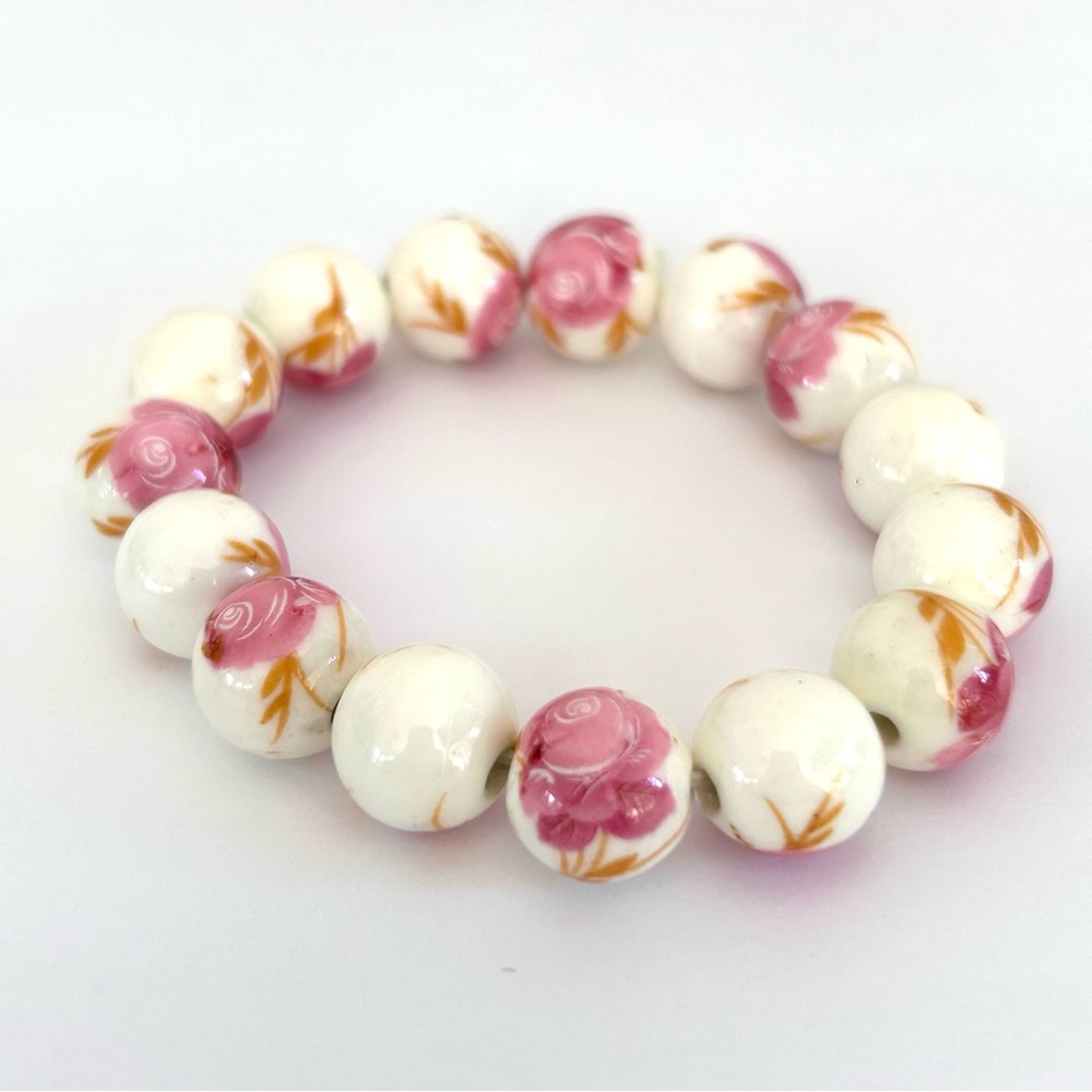 Country Pink Floral Ceramic Beaded Stretch Bracelet - Picture 3 of 4
